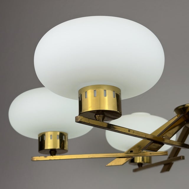Mid-Century Brass and Opaline Glass Chandelier from Stilnovo, Italy, 1970s For Sale - Image 16 of 18