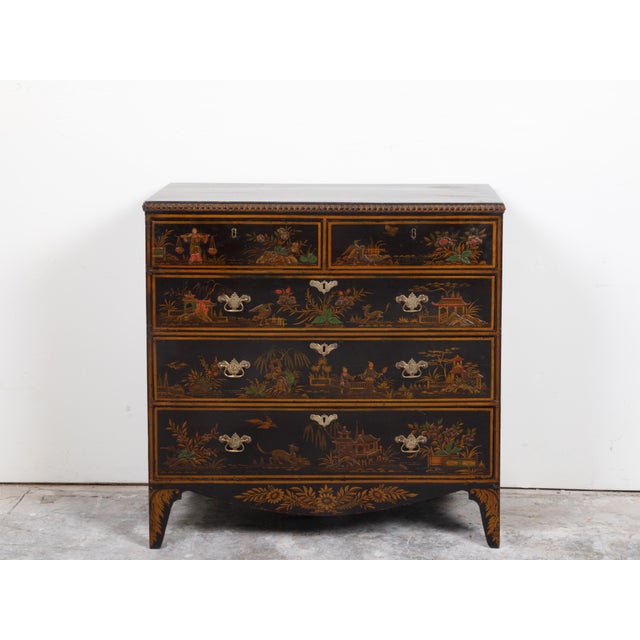 19th Century English 19th Century Chinoiserie Lacquered Commode with Five Drawers For Sale - Image 5 of 12