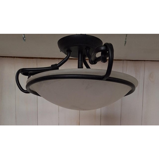 Vintage Ceiling Lamp with White Marbled Glass Shade in a Black Metal Mount by Honsel, 2000s, in Very Good conditions....