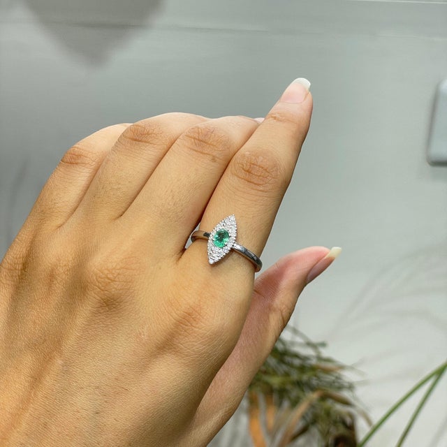 Diamond Studded Regal Emerald Engagement Ring With Marquise Halo, Size 7 For Sale - Image 9 of 14