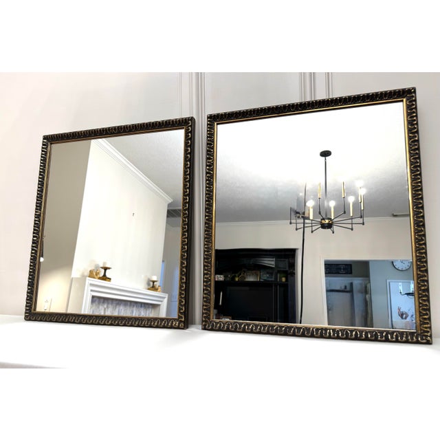 Vintage Rococo Revival Ebonized Black & Gold Square Wood Mirrors, a Pair For Sale In Houston - Image 6 of 9