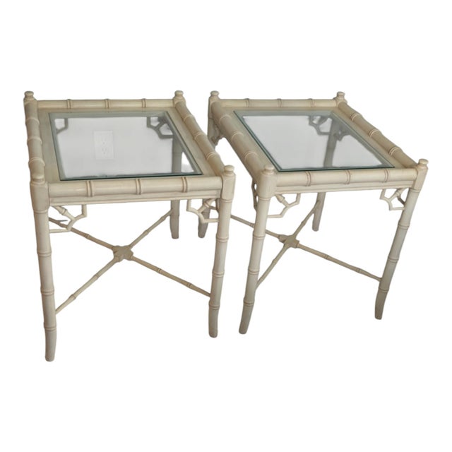 Chinoiserie Vintage Thomasville Allegro Faux Bamboo Fretwork Glass-Top Side Tables, Pair of 2 For Sale - Image 3 of 8