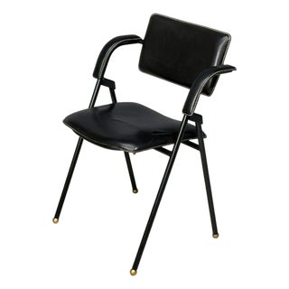 Jacques Adnet Attr., Folding Chair, Black Leather, Brass, France, 1950s For Sale