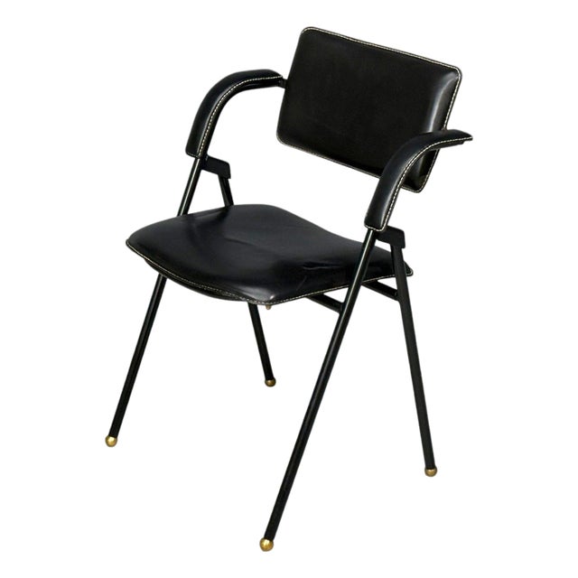 Jacques Adnet Attr., Folding Chair, Black Leather, Brass, France, 1950s For Sale