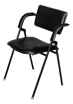 Jacques Adnet Attr., Folding Chair, Black Leather, Brass, France, 1950s