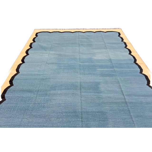Teal Handmade Cotton Scalloped Edge Rug, Teal Blue, Black and Cream Bordered Dhurrie- 12'x15' For Sale - Image 8 of 13
