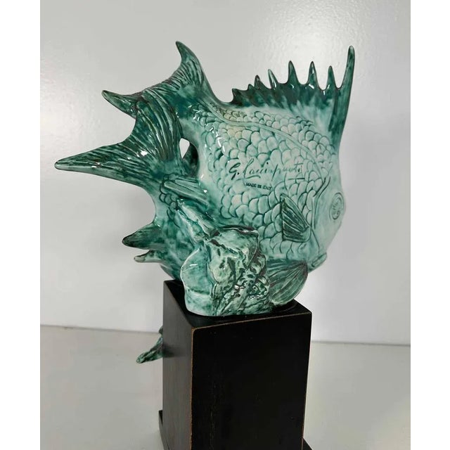 1930s Art Deco Light Blue Porcelain and Ebonized Wood Fish Sculpture from G. Cacciapuoti, 1930s For Sale - Image 5 of 8