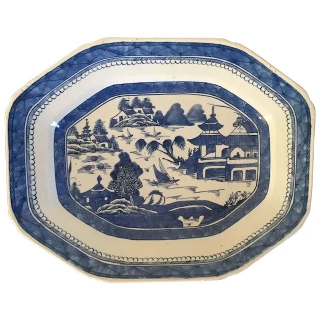 Blue 19th Century Chinese Export Porcelain Blue and White Canton Platter For Sale - Image 8 of 8