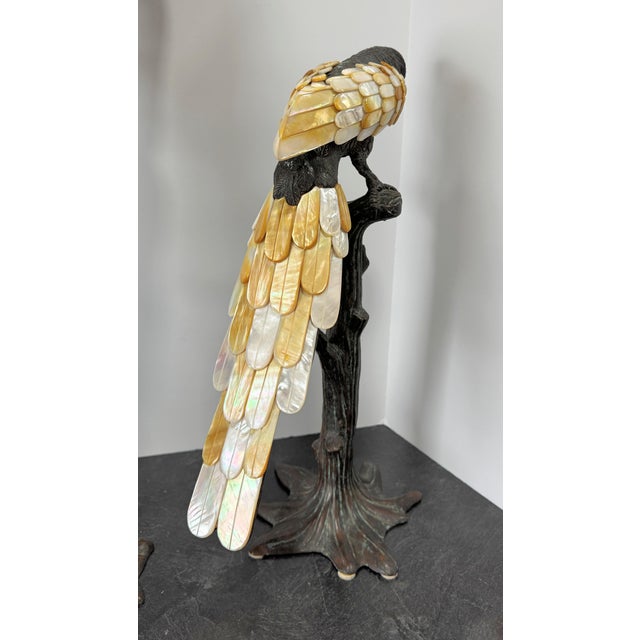 Maitland Smith Bronze & Mother of Pearl Parrot Sculptures, a Pair For Sale - Image 9 of 15