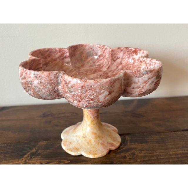 Vintage Italian marble scalloped bowl on pedestal base in pinks, grays, and cream tones. No maker's mark. Please see...