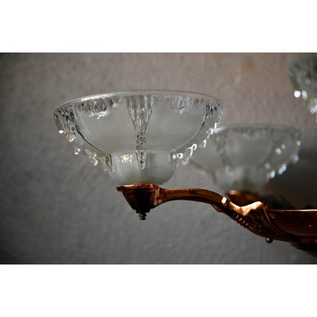 Metal Large Art Deco Chandelier in Gilded Metal and Sandblasted Glass Ezan, France, 1930s For Sale - Image 7 of 18