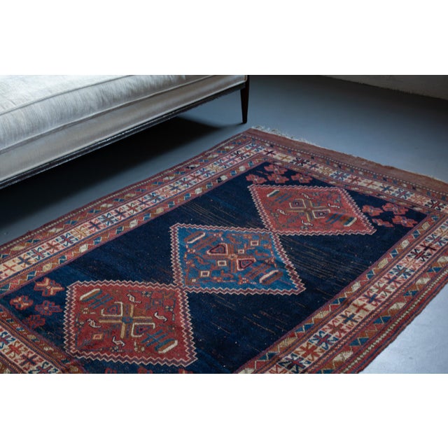Tribal Antique Caucasian Geometric Floral Medallion Navy Red Rug Wool Low Pile Hand-Knotted - 4’2” X 6' For Sale - Image 3 of 10