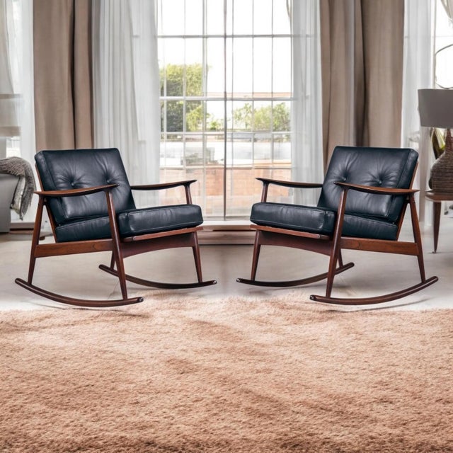 Mid-Century Modern Pair of Restored Moreddi 1950's Danish Teak Rocking Chairs in Black Leather For Sale - Image 3 of 13