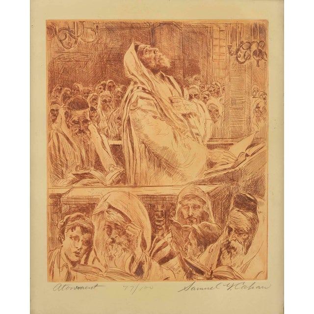 In this copper plate etching, Cahan captures the religious ardor and penitent sentiment shared by the figures in the...