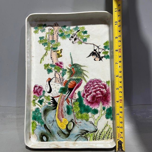 Title: Antique Chinese Famille Rose Porcelain Rectangular Tray - Phoenix & Peony Motif Dimensions: Width 25.4cm (10") x...