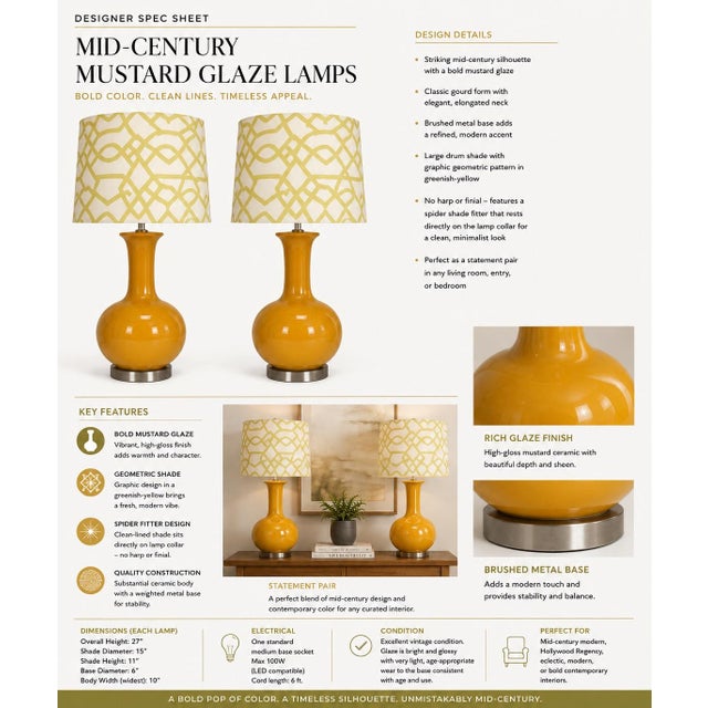 Pair of Mustard Ceramic Table Lamps with Geometric Shades Description A wonderfully bold pair of sculptural ceramic table...