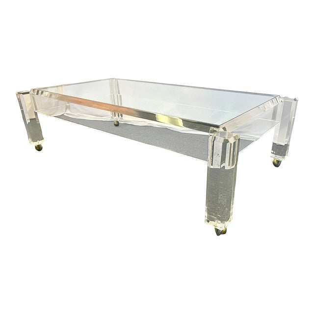 1970's Charles Hollis Jones Style Lucite and Glass Coffee Table on Casters For Sale