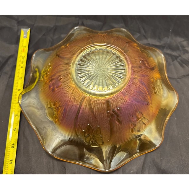 Glass Jeannette Iris & Herringbone Marigold Carnival Glass 11" Bowl Ruffled Depression For Sale - Image 7 of 7