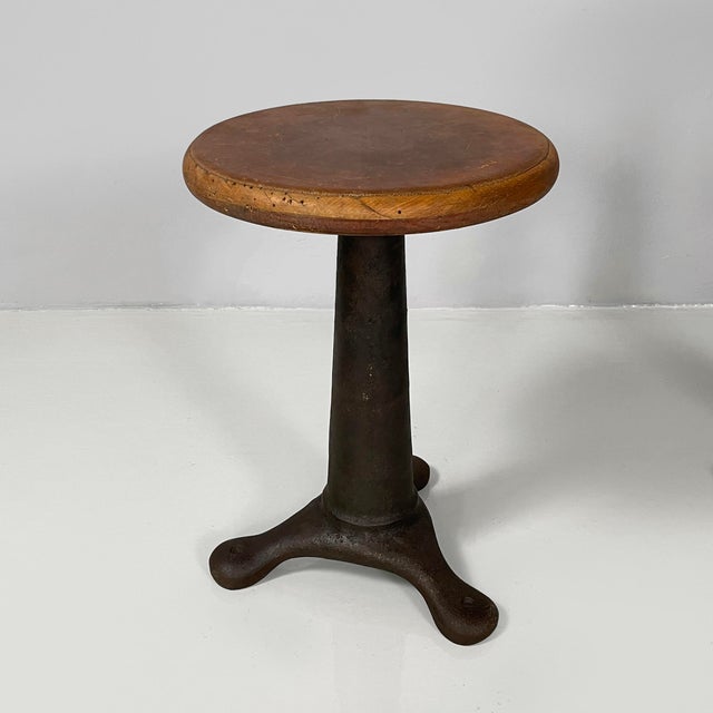 Industrial Italian Round Stools in Wood and Cast Iron, 1930s, Set of 4 For Sale - Image 4 of 18