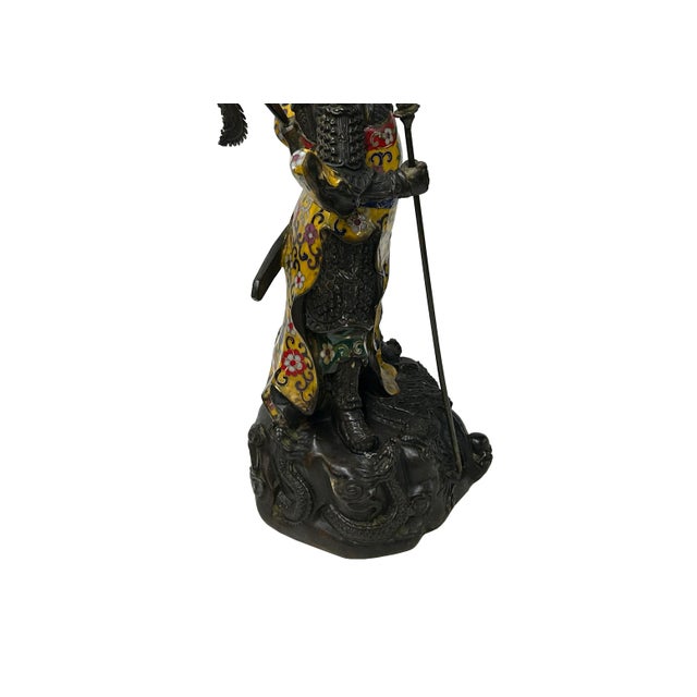 Yellow Vintage Cloisonne Yellow Enamel General Guan Yu Warrior Metal Statue For Sale - Image 8 of 18