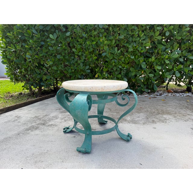 Vintage Hand-Painted Iron Petite Cocktail Table With Tessellated Travertine Top For Sale - Image 11 of 11