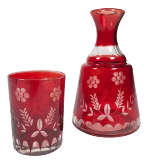 Bohemian Cranberry Cut Crystal Carafe and Glass