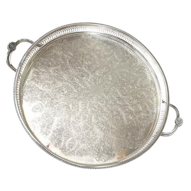 Cavalier Vintage English Silverplate Round Gallery Tray With Shell Handles For Sale - Image 4 of 9
