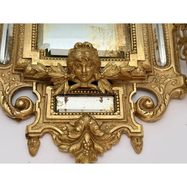 Antique French Renaissance Revival Cast Brass Girandole Sconce Mirrors - A Pair For Sale - Image 16 of 16