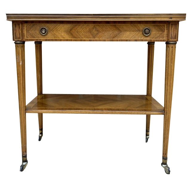 Neoclassic French Marquetry Side Table with One Drawer and Wheels, 1940s For Sale