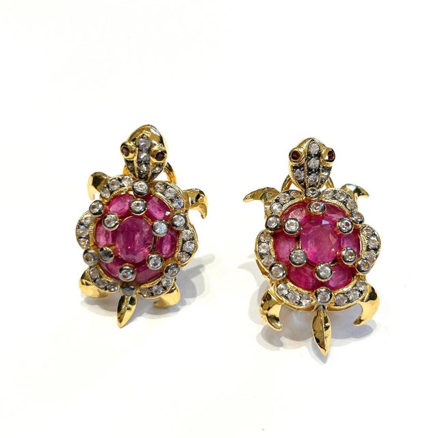 Bochic "Orient" Vintage Ruby & White Topaz Turtle Earrings Set 18K Gold & Silver, A Pair For Sale - Image 18 of 18