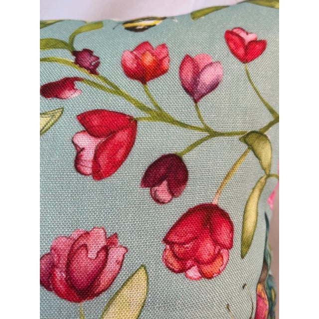 Textile Large Bolster Pillow With a Vibrant Vintage Inspired Floral Pattern With Colorful Flowers, Butterflies & Bees on a Pale Blue Background - Made in U K For Sale - Image 7 of 11