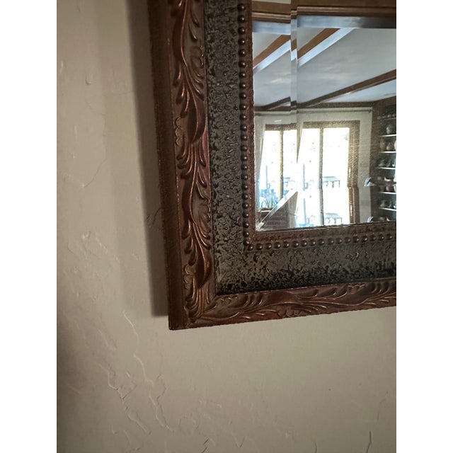 1960s Vintage 1960s Framed Wall Mirror Beveled Glass Rectangular Ornate Leaf Scroll Frame For Sale - Image 5 of 12