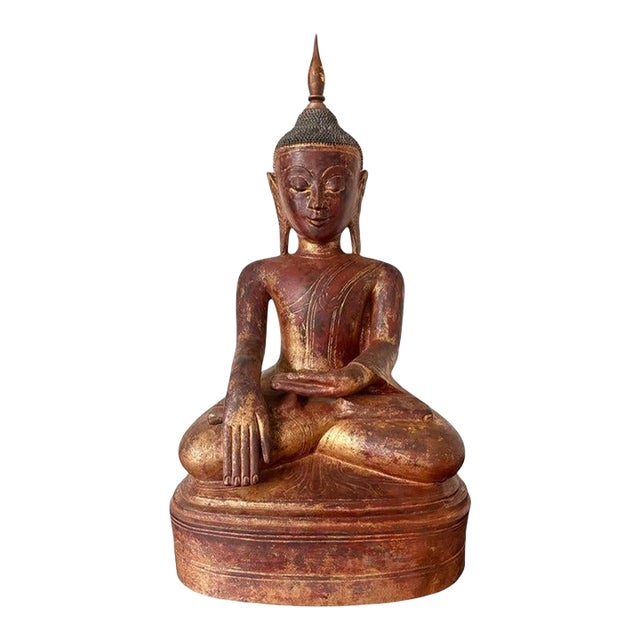Antique Burmese Lacquer Wood Shan Style Buddha Statue For Sale