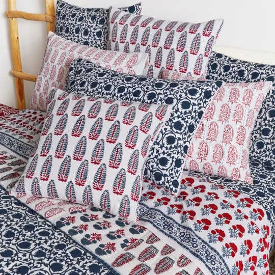 Indian Lotus-Yasmin Blue Reversible Pillow Case For Sale - Image 3 of 7