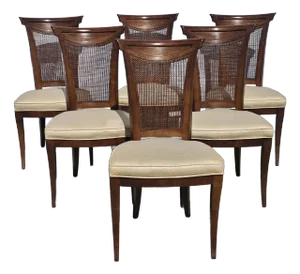 Mid 20th Century Set Six Drexel Consulate Series Walnut Cane Back & Upholstered Dining Chairs
