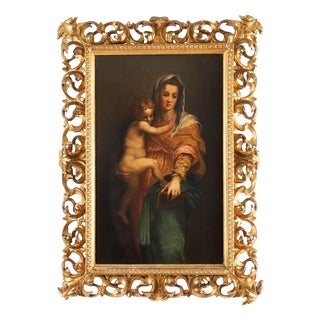 Follower of Raphael, Antique Painting of Madonna & Child, 19th Century, Oil on Canvas For Sale