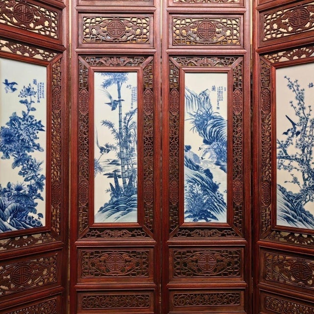 Wood Vintage Chinese Rosewood & Blue-and-White Porcelain Four-Panel Floor Screen For Sale - Image 7 of 10