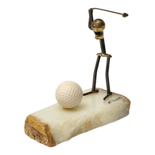 1960s Golfer Statue Sports Figurine Onyx & Brass Original Artwork Custom Signed For Sale