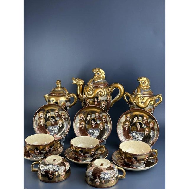 Stunning Japanese Meiji period (1868-1912) Shimazu Satsuma Moriage Kannon Immortals and Dragon Dragonware 14 piece tea...