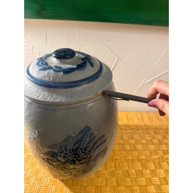 1960s Antique Blue Salt Glazed Stoneware Water Crock With Scene For Sale - Image 5 of 11