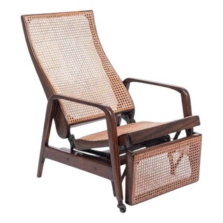 Antique Brazilian Walnut Wood and Cane Reclining Lounge Chair For Sale