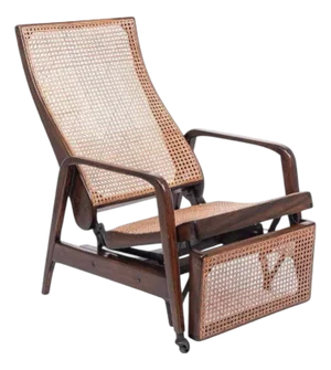 Antique Brazilian Walnut Wood and Cane Reclining Lounge Chair