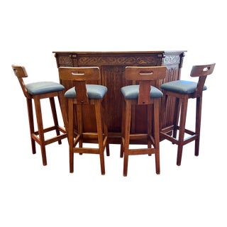 Rustic Mid Century Oak Dry Bar With 4 Bar Stools - Set of 5 For Sale
