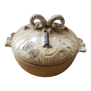 1973 Pacific Stoneware Lidded Casserole Ram Bowl, Signed B. Welsh, Made in Usa For Sale