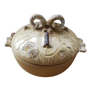 1973 Pacific Stoneware Lidded Casserole Ram Bowl, Signed Bennett Welsh, Made in Usa