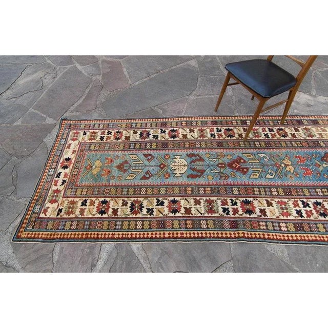 19th Century 1880s Antique Shirvan Geometric Blue Hand Knotted Wool Pile Runner Rug - 3’9” x 9’4” For Sale - Image 5 of 10