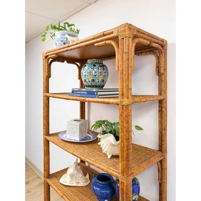 Hollywood Regency Vintage Coastal Hollywood Regency Tortoise Bamboo Shelf, Wicker Shelving For Sale - Image 3 of 14