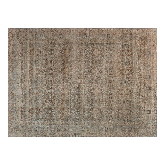 Antique Beige, Brown, Botanic, Persian Kirman Hand-Knotted Wool Rug For Sale