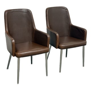 C B2 Aragon Brown Leather + Steel Frame Dining Arm Chairs, Pair For Sale