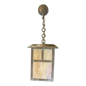 Arts and Crafts Bronze Sconce on Chain With Iridescent Art Glass Shade